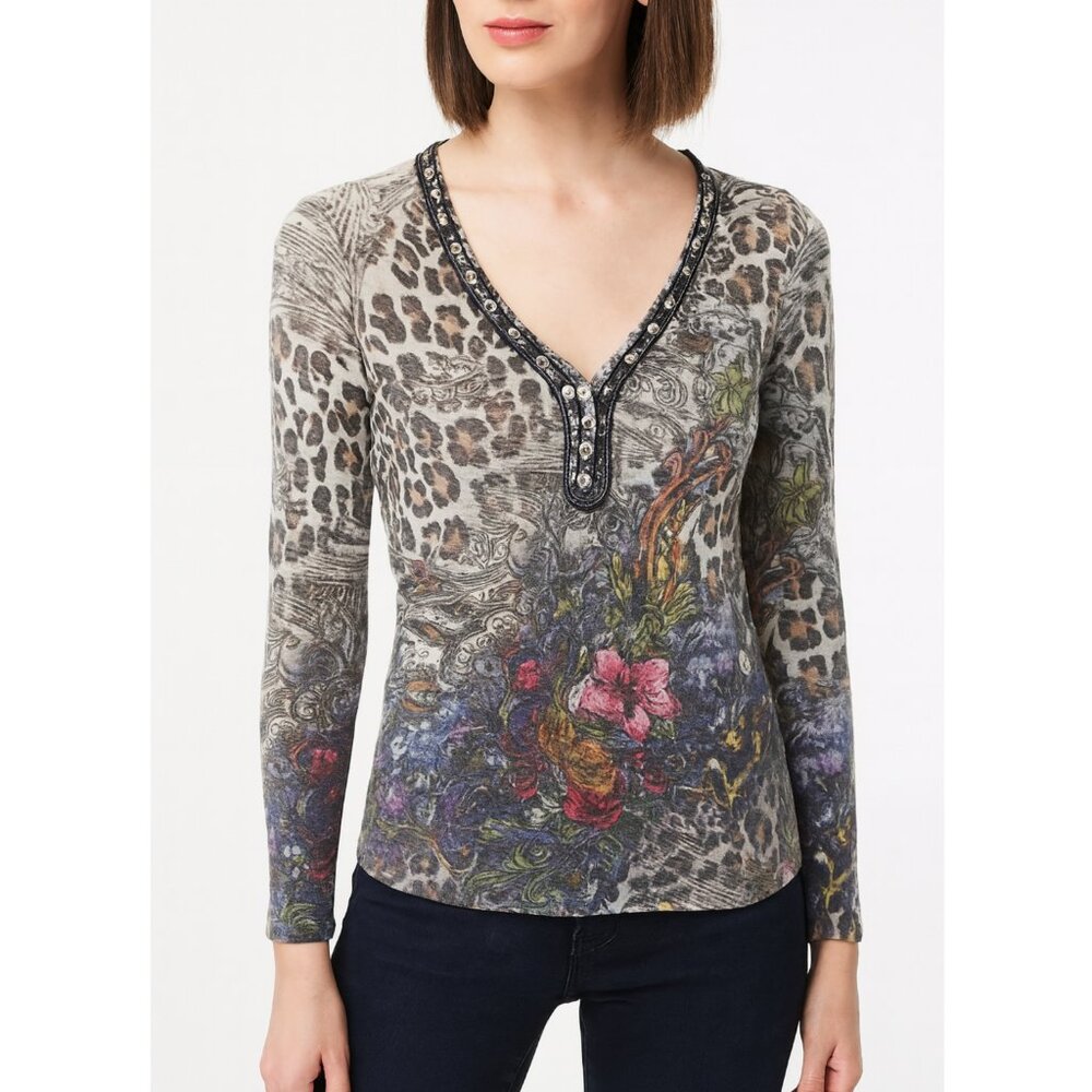 Alberto Makali Y2K Top Mixed Media Floral Tattoo Animal Print Knit Henley size L